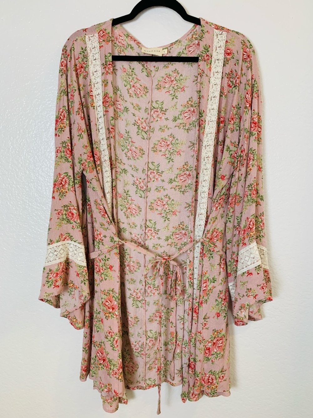 Ninexis Short Kimono Robe Womens Large Pink Floral Lace Detail Cottagecore  Rose